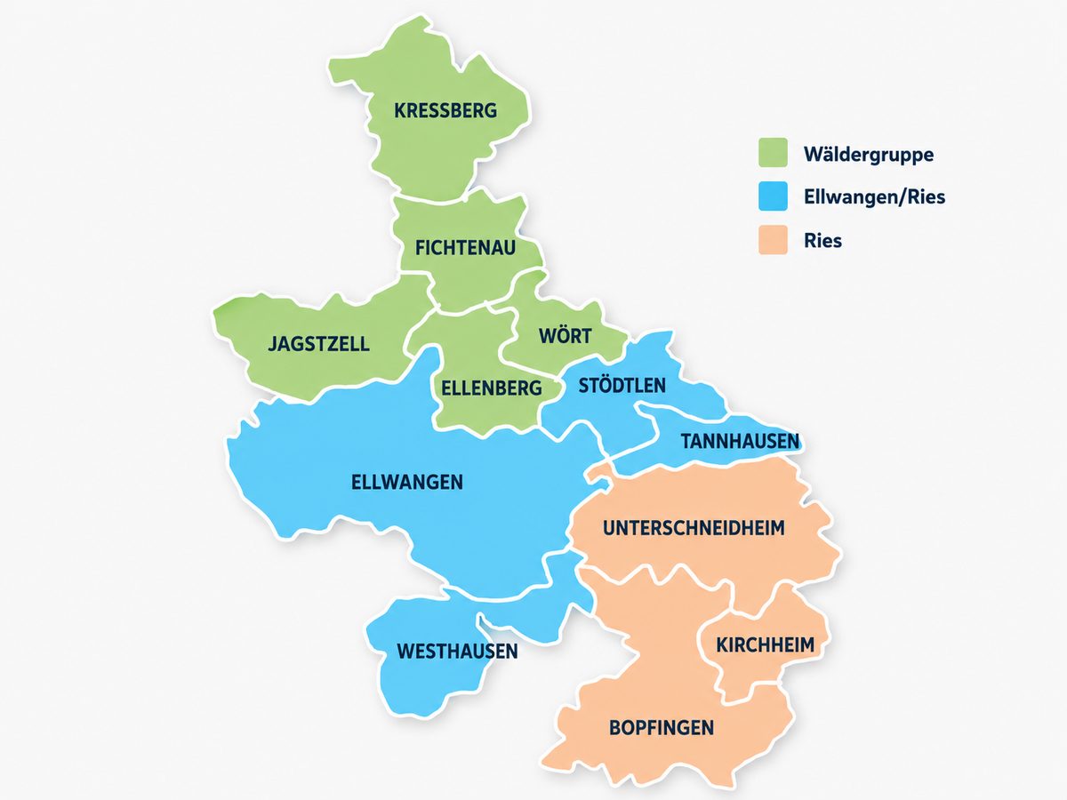 Karte des Versorgungsgebiets der RiesWasserVersorgung mit 12 Mitgliedsgemeinden, farblich gruppiert: Wäldergruppe (Kreßberg, Fichtenau, Jagstzell, Wört, Ellenberg) in grün, Ellwangen/Ries (Stödtlen, Ellwangen, Westhausen) in blau, Ries (Tannhausen, Unterschneidheim, Kirchheim, Bopfingen) in orange.